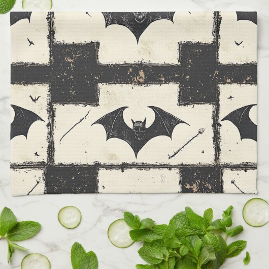 Cream Denim Grunge Patchwork with Bats (3) キッチンタオル (折り畳み)