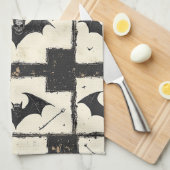 Cream Denim Grunge Patchwork with Bats (3) キッチンタオル (四つ折り)