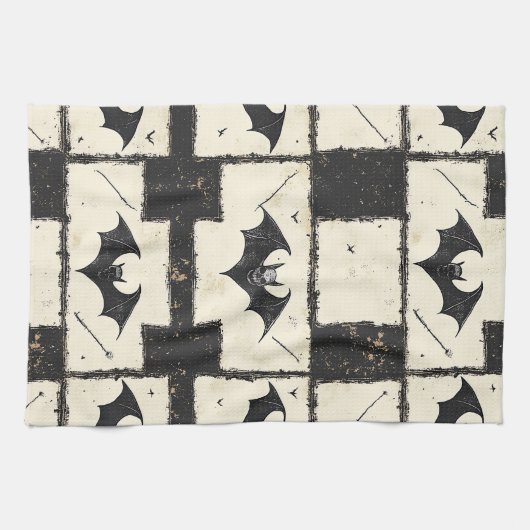 Cream Denim Grunge Patchwork with Bats (3) キッチンタオル (横)