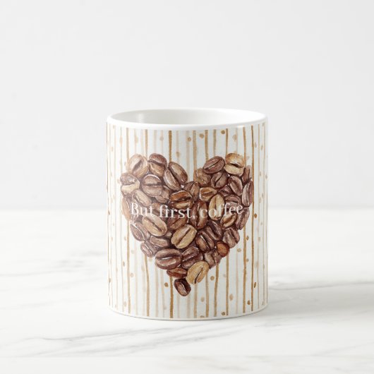 Cream Dots Stripes First Coffee Beans Heart コーヒーマグカップ (中央)