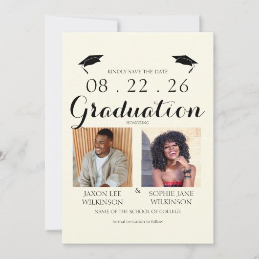 Cream Double Graduation 2 Photo Graduation 招待状 (正面)