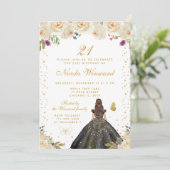 Cream Floral Brunette Hair Princess Birthday Party 招待状 (スタンド正面)