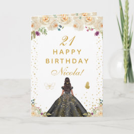 Cream Floral Dark Skin Girl Birthday カード