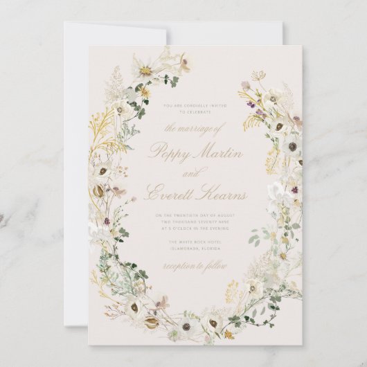 Cream Floral Wildflower Poppy Wedding Invitation 招待状 (正面)