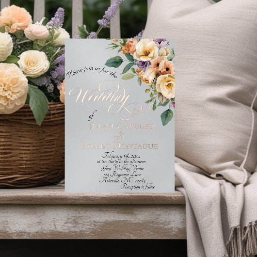 Cream Floral & Wreath Monogram - Silver 箔招待状