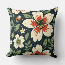 Cream Flowers with Red Centers & Green Leaves クッション