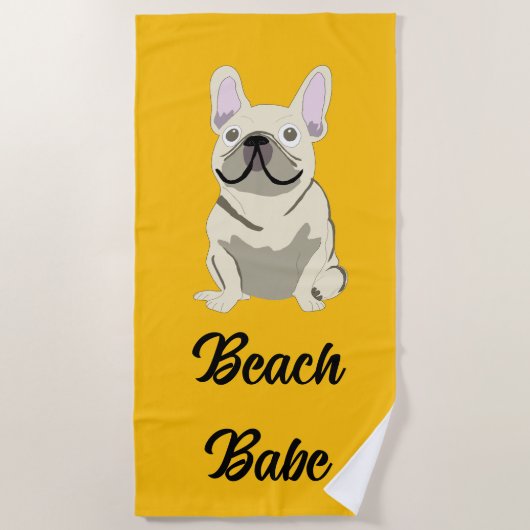Cream French Bulldog, beach babe ビーチタオル (正面)
