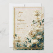 Cream Gilded Astrantia Teal Watercolor Wedding 招待状 (正面)
