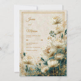 Cream Gilded Astrantia Teal Watercolor Wedding 招待状