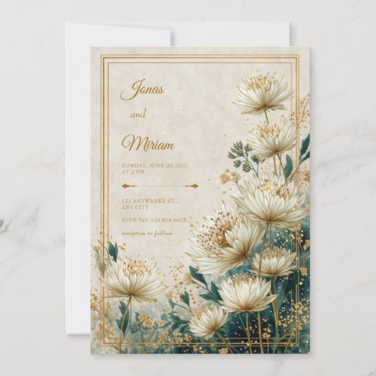 Cream Gilded Astrantia Teal Watercolor Wedding 招待状 (正面)