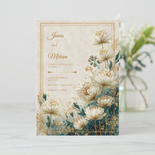 Cream Gilded Astrantia Teal Watercolor Wedding 招待状 (スタンド正面)