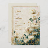 Cream Gilded Astrantia Teal Watercolor Wedding 招待状 (正面/裏面)