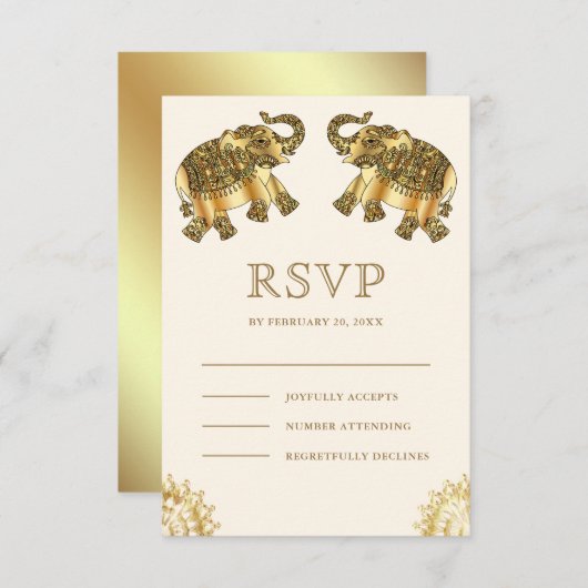 Cream Gold Ethnic Elephants Indian Wedding 出欠カード (正面/裏面)
