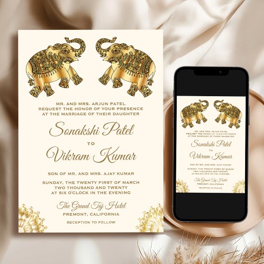 Cream Gold Ethnic Elephants Indian Wedding 招待状