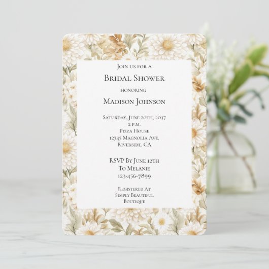Cream Gold White Country Flowers Bridal Shower 招待状 (スタンド正面)