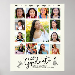 Cream Graduation K–12 Photo Collage Black Doodles ポスター
