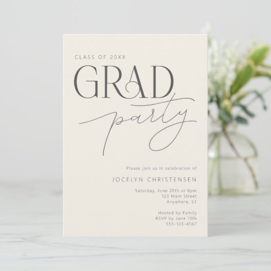 Cream Gray Modern Typography Grad Party Invitation 招待状 (スタンド正面)