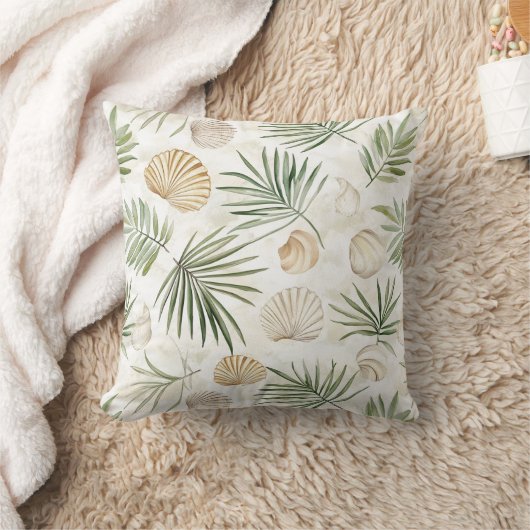 Cream Green Beach Shells Sea Turtles クッション (ブランケット)