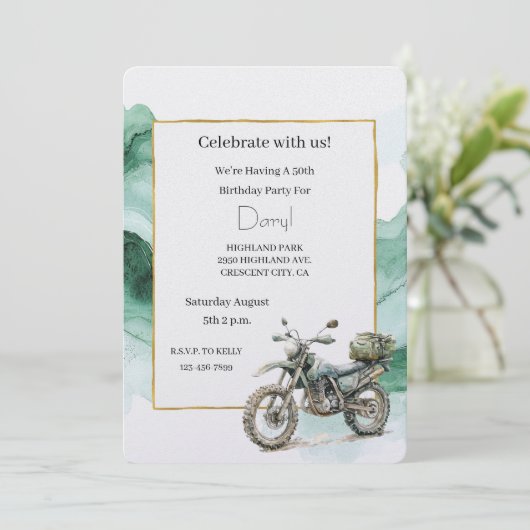 Cream Green Motorcycle Adventure Birthday 招待状 (スタンド正面)