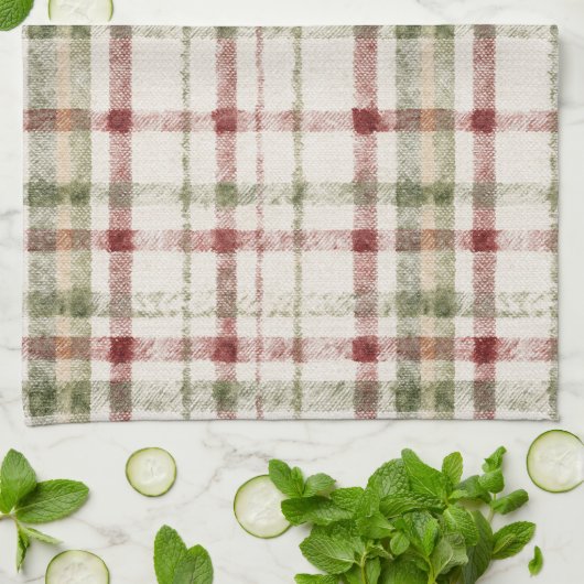 Cream Green Red Plaid Stripes  キッチンタオル (折り畳み)