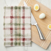Cream Green Red Plaid Stripes  キッチンタオル (四つ折り)