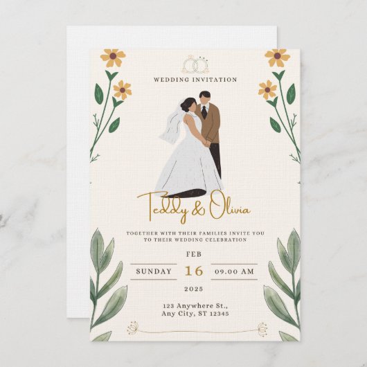 Cream Green Simple Illustrated Wedding Invitation 招待状 (正面/裏面)