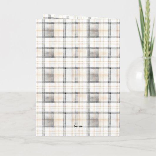 Cream Grey Plaid Stripes Teddy Bear Birthday カード (裏面)