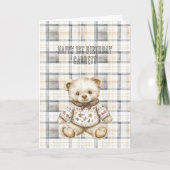 Cream Grey Plaid Stripes Teddy Bear Birthday カード (正面)