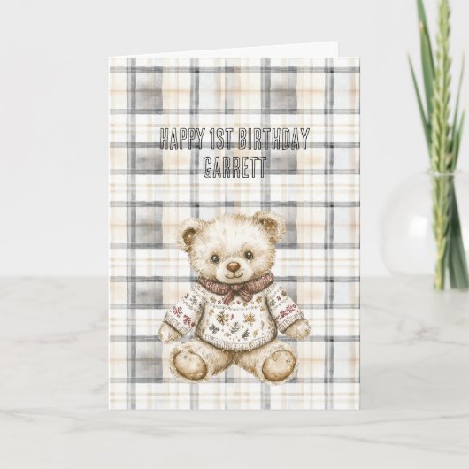 Cream Grey Plaid Stripes Teddy Bear Birthday カード (正面)