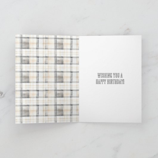 Cream Grey Plaid Stripes Teddy Bear Birthday カード (内部)