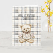 Cream Grey Plaid Stripes Teddy Bear Birthday カード (黄色い花)