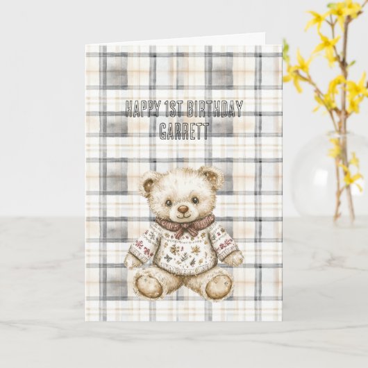 Cream Grey Plaid Stripes Teddy Bear Birthday カード (黄色い花)
