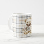 Cream Grey Plaid Stripes Teddy Bear Love コーヒーマグカップ (正面左)