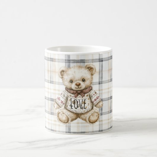 Cream Grey Plaid Stripes Teddy Bear Love コーヒーマグカップ (中央)