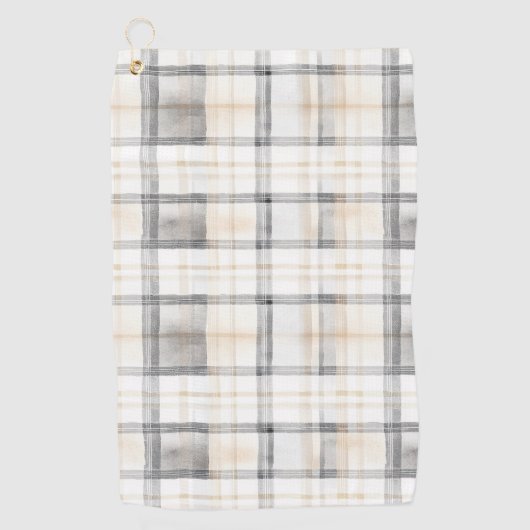 Cream Grey Yellow Plaid Stripes ゴルフタオル (正面)