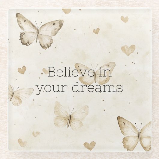 Cream Hearts Butterflies  ガラスコースター (正面)