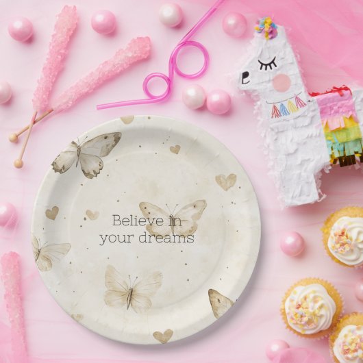 Cream Hearts Butterflies Birthday ペーパープレート (パーティー)