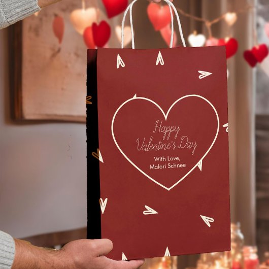 Cream Hearts on Burgundy - Minimal Valentine  ミディアムペーパーバッグ