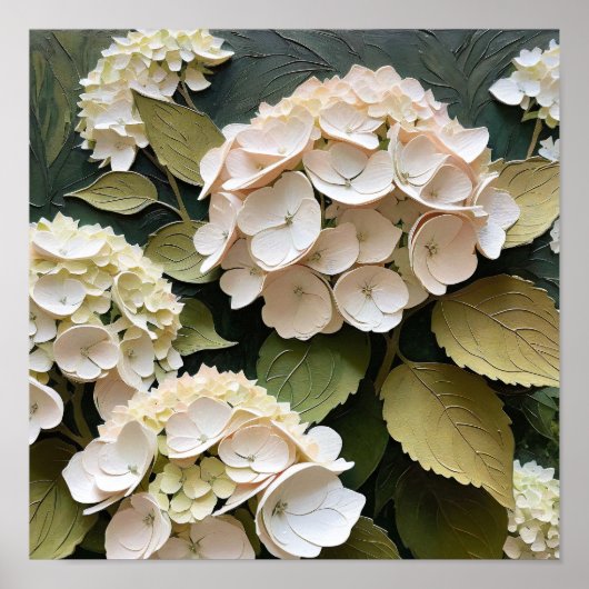 Cream Hydrangeas with Textured Leaves  ポスター (正面)