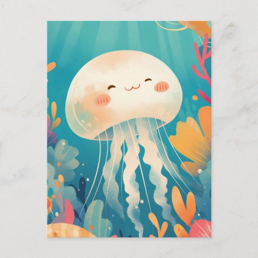 Cream Jellyfish in Teal Tropical Coral Reef Ocean ポストカード (正面)