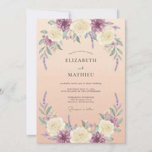 Cream Lavender Floral Artistry Wedding 招待状 (正面)