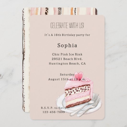 Cream Leopard Animal Pink Heart Cake Birthday 招待状 (正面/裏面)