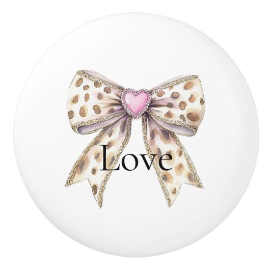 Cream Leopard Animal Print Pink Heart Bow セラミックノブ (正面)