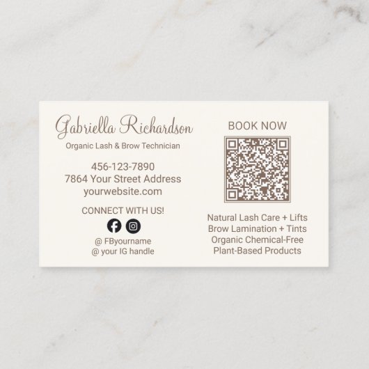 Cream Mocha Script Photo QR Code Lashes and Brows 名刺 (裏面)