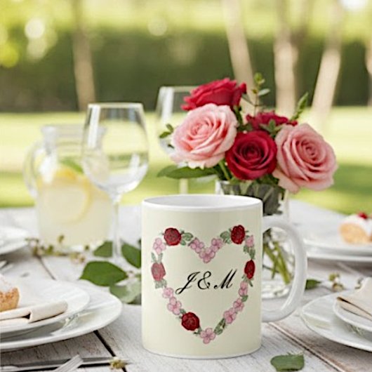 Cream mug with pink and red hearts コーヒーマグカップ