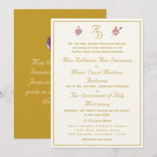 Cream/Ochre Two Hearts Catholic Wedding Invitation 招待状 (正面/裏面)