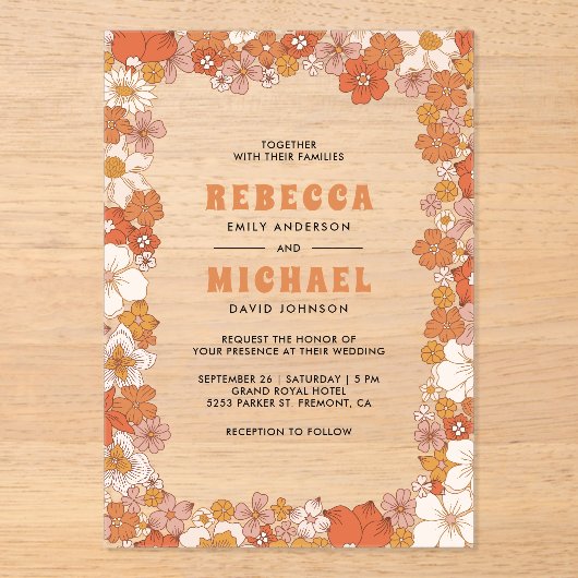 Cream Orange Groovy Retro Wildflower Wedding アクリル招待状 (正面)