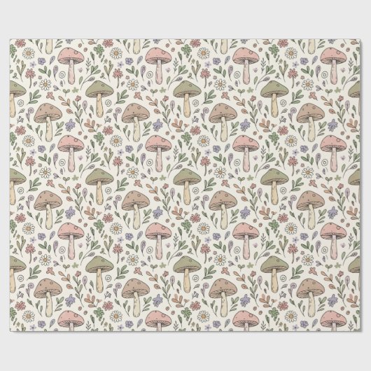 Cream Pastel Mushroom Fungi Seamless Pattern ラッピングペーパー (フラット)