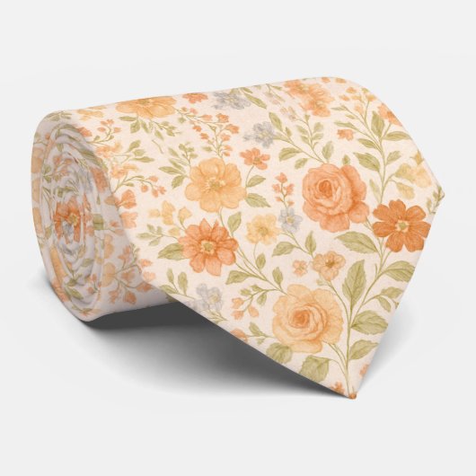 Cream & Peach Floral Pattern ネクタイ (ロール)