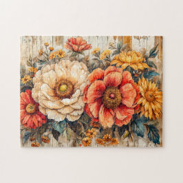 Cream Peony and Orange Zinnia on Wood ジグソーパズル